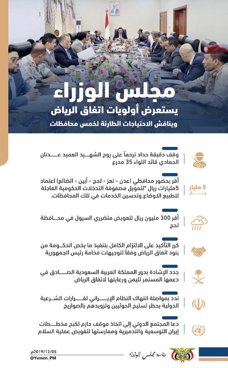 مجلس الوزراء يستعرض أولويات اتفاق_الرياض ويناقش الاحتياجات الطارئة لخمس محافظاتمجلس الوزراء يستعرض أولويات اتفاق_الرياض ويناقش الاحتياجات الطارئة لخمس محافظات