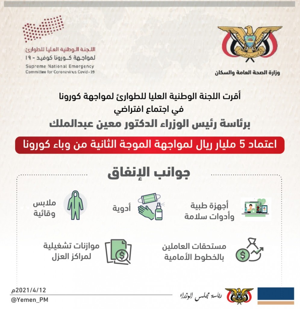 إنفوجرافيك || اللجنة الوطنية العليا للطوارئ تقر اعتماد "5" مليار ريال لمواجهة الموجة الثانية من وباء #كورونا "كوفيد-19".